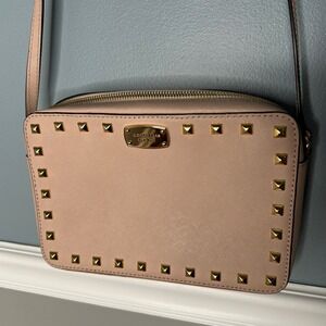 Michael Kors Pink Studded sandrine Crossbody Bag Gold Hardware purse‎